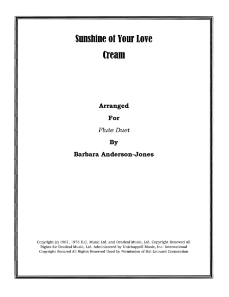 Sunshine Of Your Love Flute Duet Sheet Music