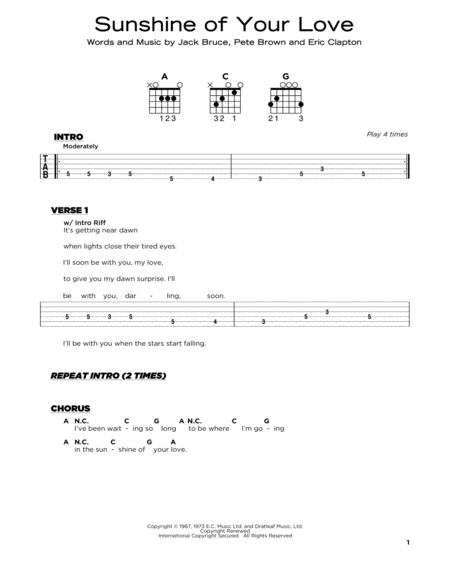 Sunshine Of Your Love Sheet Music