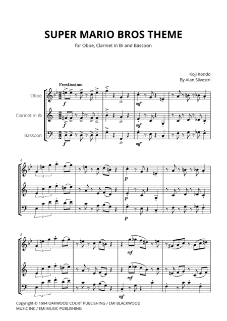 Super Mario Bros Theme For Oboe Clarinet In Bb And Bassoon Woodwind Trio Sheet Music