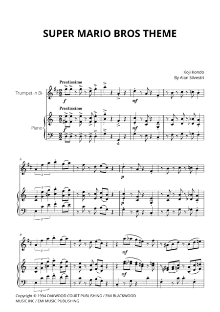 Super Mario Bros Theme For Trumpet In Bb And Piano Sheet Music