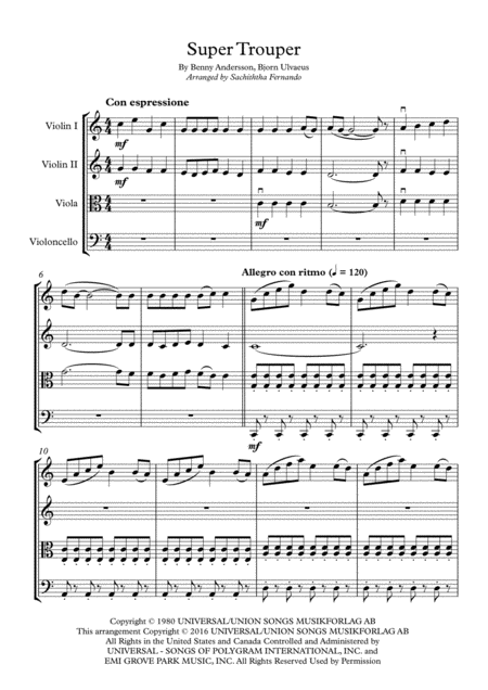 Super Trouper String Quartet Sheet Music