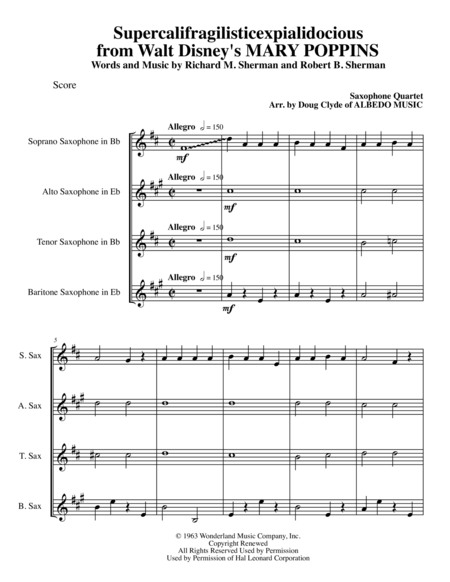 Supercalifragilisticexpialidocious From Walt Disneys Mary Poppins For Saxophone Quartet Sheet Music