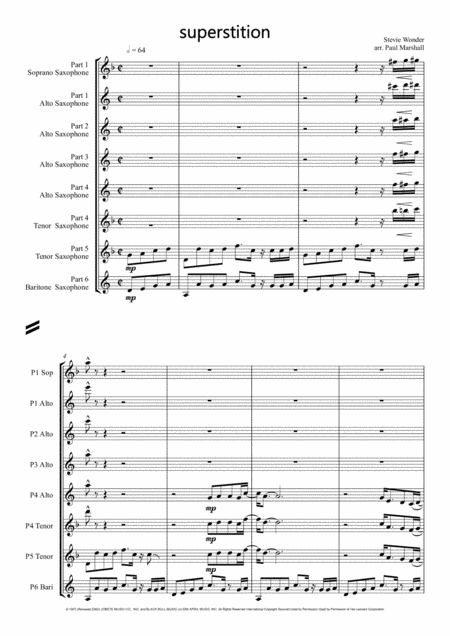 Superstition For Saxophone Ensemble Sheet Music