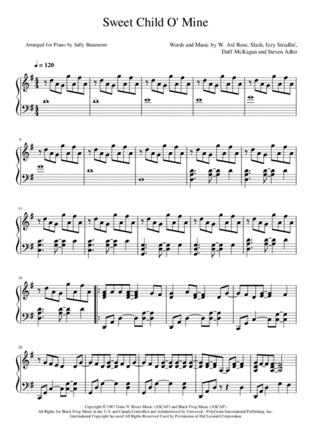 Sweet Child O Mine Guns N Roses Piano Solo Sheet Music