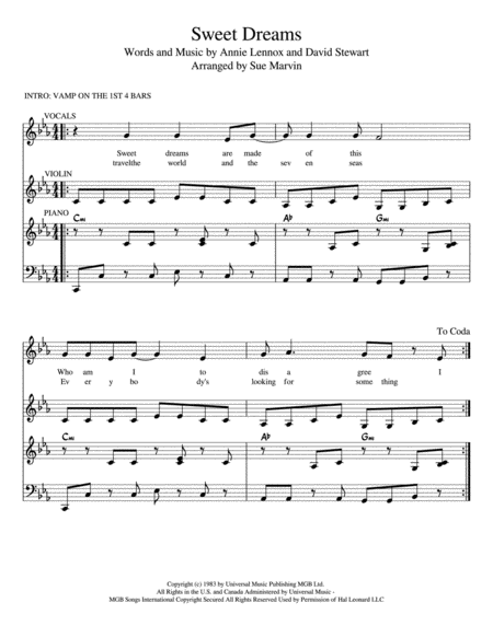 Free Sheet Music Sweet Dreams Piano Violin Backing For Vocals