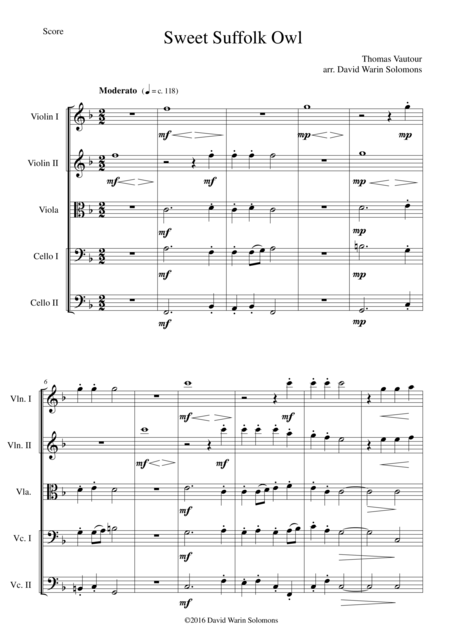 Free Sheet Music Sweet Suffolk Owl For String Quintet 2 Vln 1 Va 2 Vlc