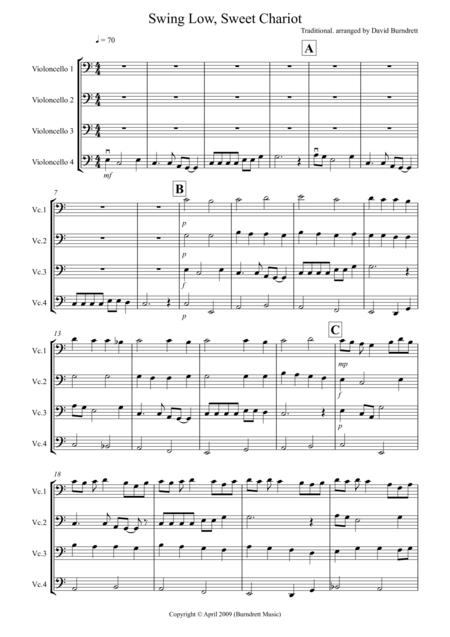 Free Sheet Music Swing Low Sweet Chariot For Cello Quartet