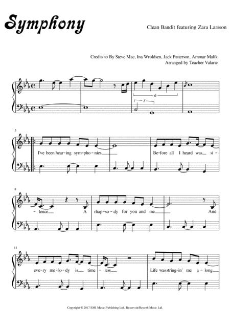 Free Sheet Music Symphony Clean Bandit Ft Zara Larrson Piano Solo Grade 3 With Lyrics