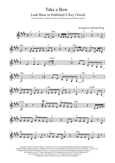 Free Sheet Music Take A Bow Lead Sheet In Published E Key With Chords