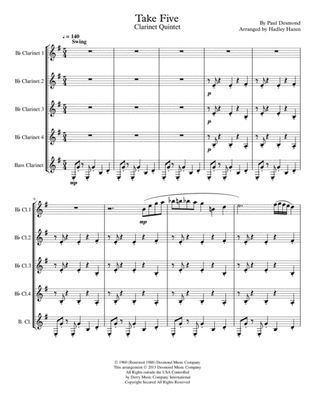 Take Five For Clarinet Quintet Sheet Music