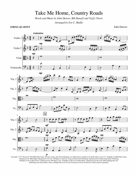 Free Sheet Music Take Me Home Country Roads John Denver String Quartet