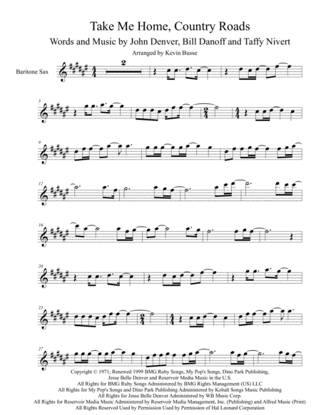 Take Me Home Country Roads Original Key Bari Sheet Music