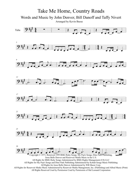 Take Me Home Country Roads Original Key Tuba Sheet Music