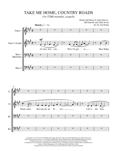 Free Sheet Music Take Me Home Country Roads Ttbb Acapella