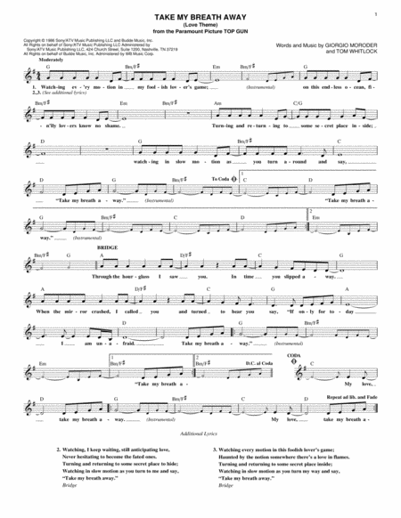 Take My Breath Away Love Theme Sheet Music