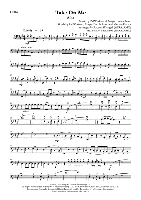 Free Sheet Music Take On Me Cello