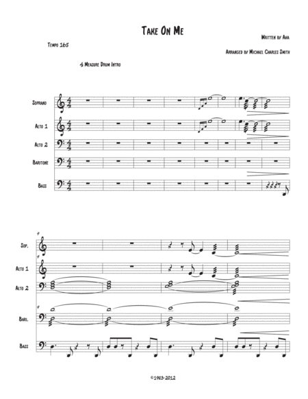 Take On Me For Diatonic Or Chromatic Marimba Quintet Or Quartet Key Of C Sheet Music