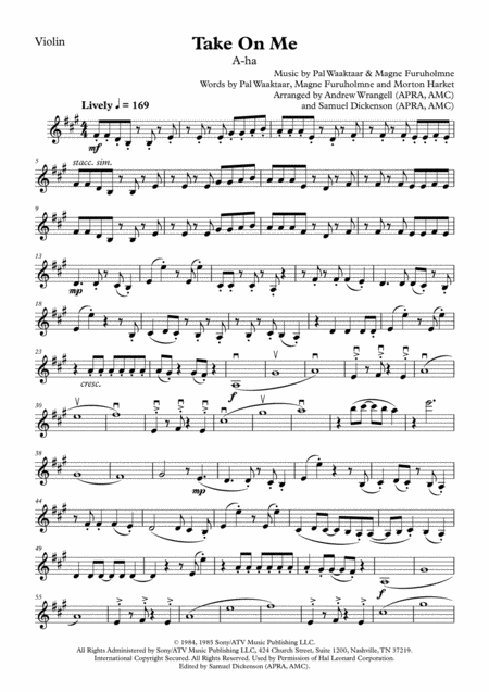 Free Sheet Music Take On Me Violin Solo