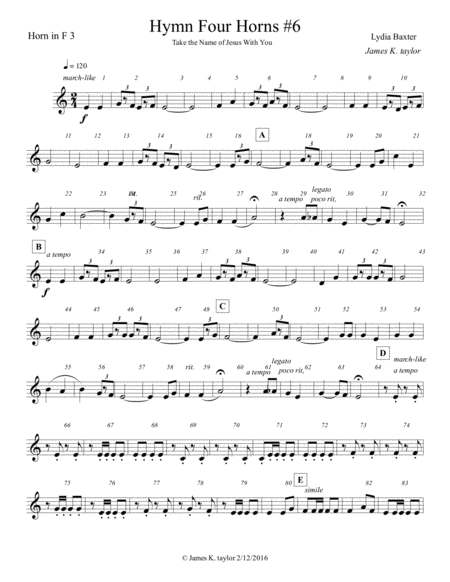 Take The Name Of Jesus With You Horn Quartet 6 Sheet Music