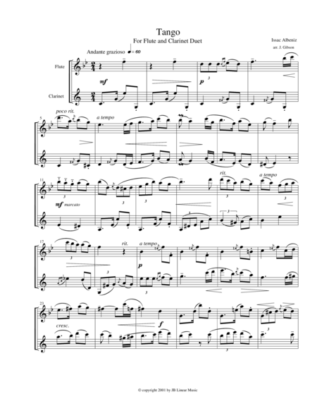 Tango By Albeniz For Flute And Clarinet Duet Sheet Music