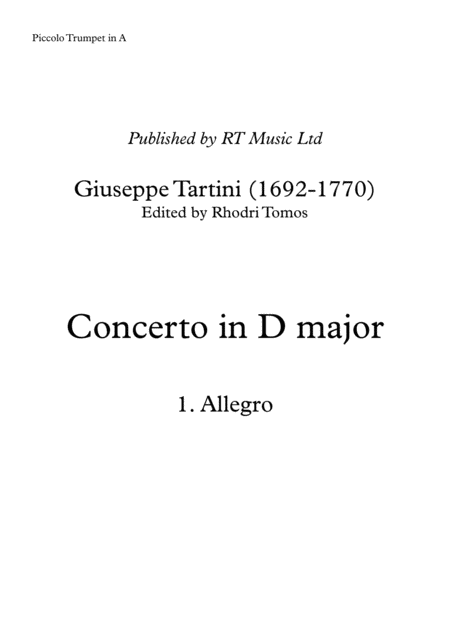 Tartini Trumpet Concerto In D Major D53 Solo Parts Sheet Music