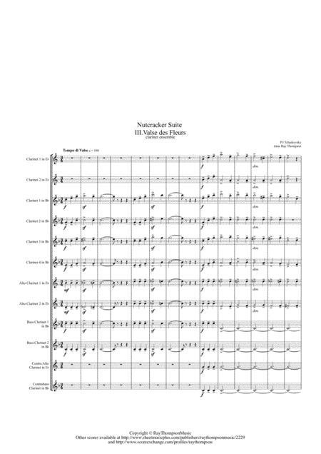 Free Sheet Music Tchaikovsky Casse Noisette Nutcracker Suite Iii Valse Des Fleurs Dance Of The Flowers Clarinet Ensemble
