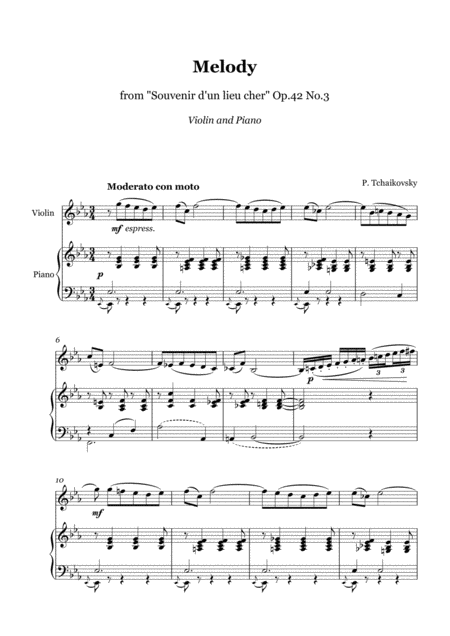 Free Sheet Music Tchaikovsky Melody From Souvenir D Un Lieu Cher Violin And Piano