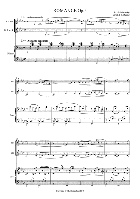 Tchaikovsky Romance Op 5 2 Clarinets Piano Sheet Music