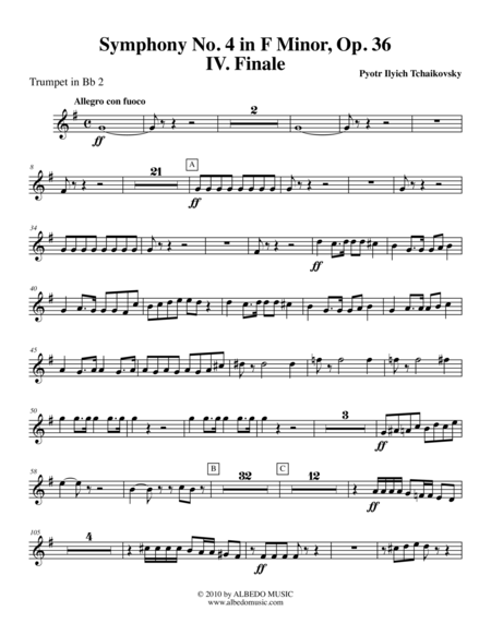 Tchaikovsky Symphony No 4 Movement Iv Trumpet In Bb 2 Transposed Part Op 36 Sheet Music