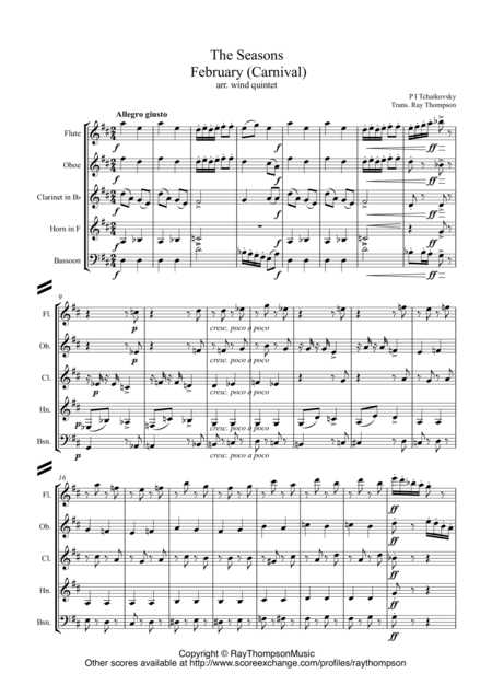Free Sheet Music Tchaikovsky The Seasons Op 37a No 2 February Carnival Wind Quintet