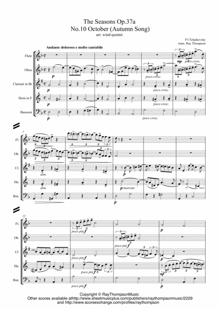 Tchaikovsky The Seasons Op37a No 10 October Autumn Song Wind Quintet Sheet Music