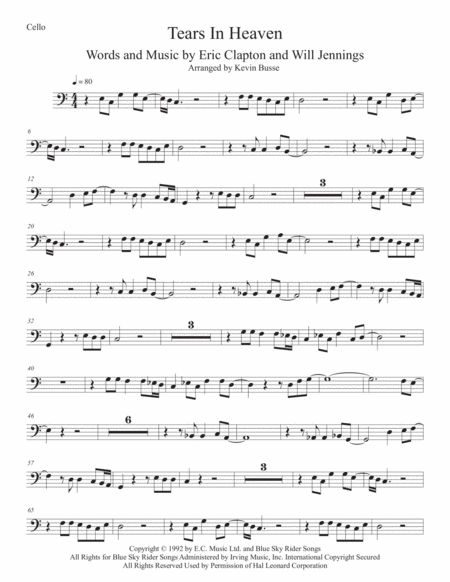 Tears In Heaven Easy Key Of C Cello Sheet Music