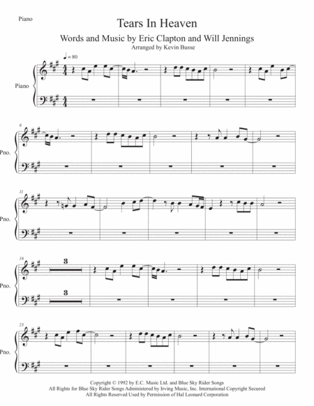 Free Sheet Music Tears In Heaven Original Key Piano