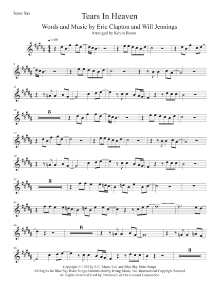 Free Sheet Music Tears In Heaven Original Key Tenor Sax