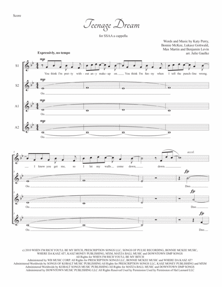 Teenage Dream Katy Perry For Ssaa A Cappella Quartet Sheet Music