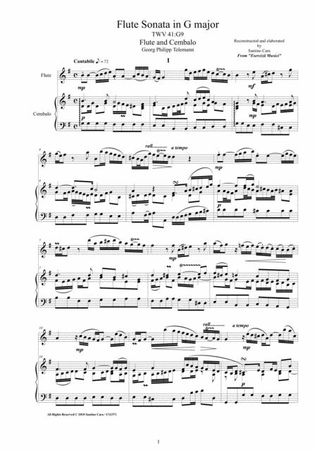 Telemann Flute Sonata In G Major Twv41 G9 For Flute And Cembalo Or Piano Sheet Music