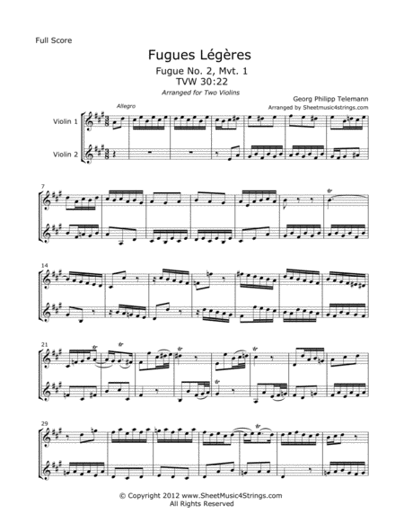 Free Sheet Music Telemann G Fugues Legeres For Two Violins