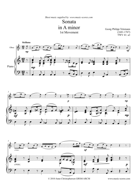 Telemann Sonata In A Minor Twv 41 A3 1st Movement Oboe And Piano Sheet Music