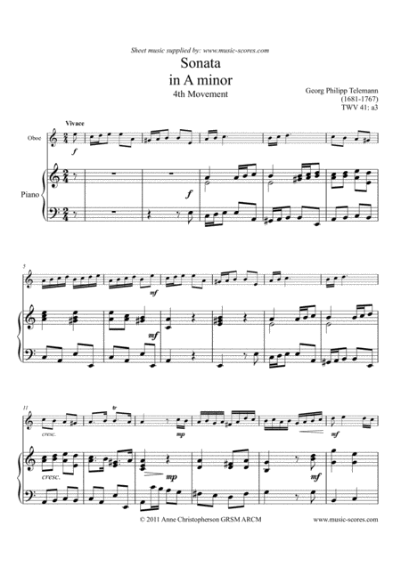 Free Sheet Music Telemann Sonata In A Minor Twv 41 A3 4th Movement Oboe And Piano