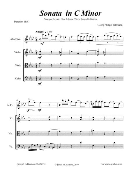 Free Sheet Music Telemann Sonata In C Minor For Alto Flute String Trio