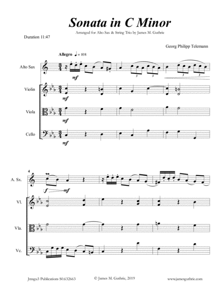 Telemann Sonata In C Minor For Alto Sax String Trio Sheet Music