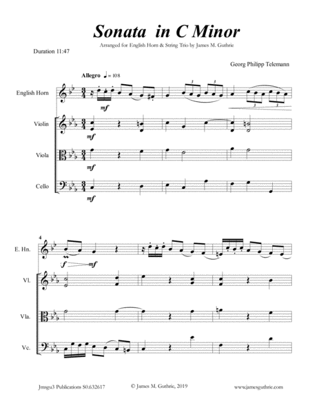 Free Sheet Music Telemann Sonata In C Minor For English Horn String Trio