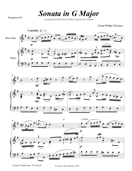 Free Sheet Music Telemann Sonata In G Major For Bass Flute Piano