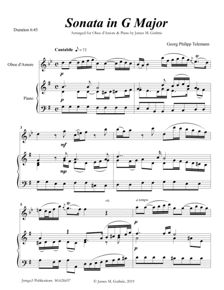 Free Sheet Music Telemann Sonata In G Major For Oboe D Amore Piano