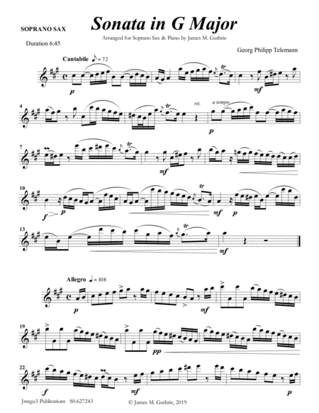 Telemann Sonata In G Major For Soprano Sax Piano Sheet Music