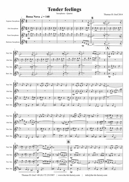 Free Sheet Music Tender Feelings Bossa Nova Saxophone Quartet