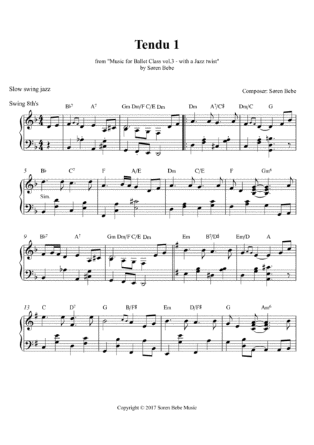 Tendu 1 Slow Swing Jazz Sheet Music For Ballet Class From Music For Ballet Class Vol 3 With A Jazz Twist By Sren Bebe Sheet Music