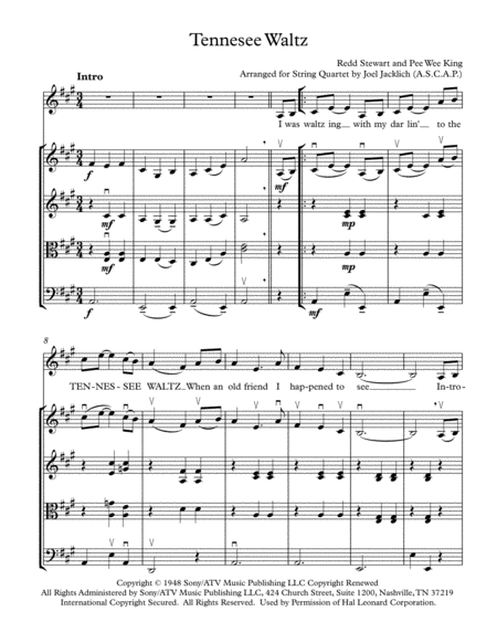 Tennessee Waltz Arranged For String Quartet Sheet Music