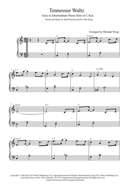 Free Sheet Music Tennessee Waltz Easy To Intermediate Piano Solo In C Key