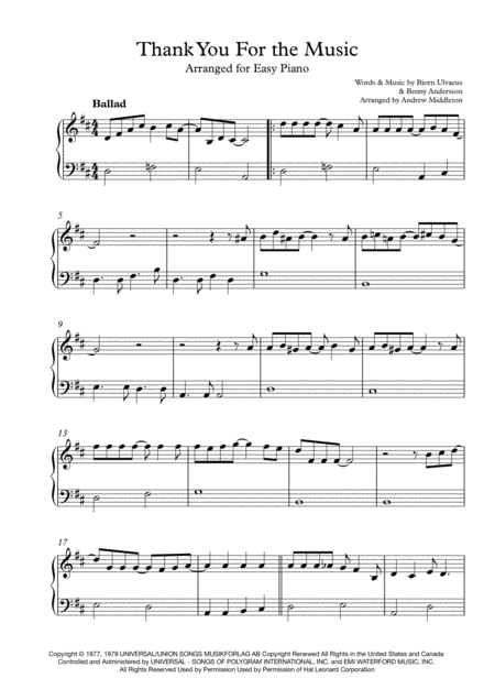 Thank You For The Music Arranged For Easy Piano Sheet Music